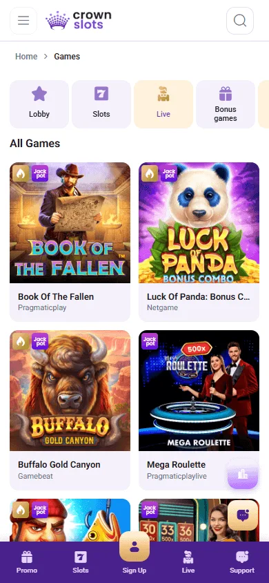 Crown Slots Casino mobile browser view for browsing casino games