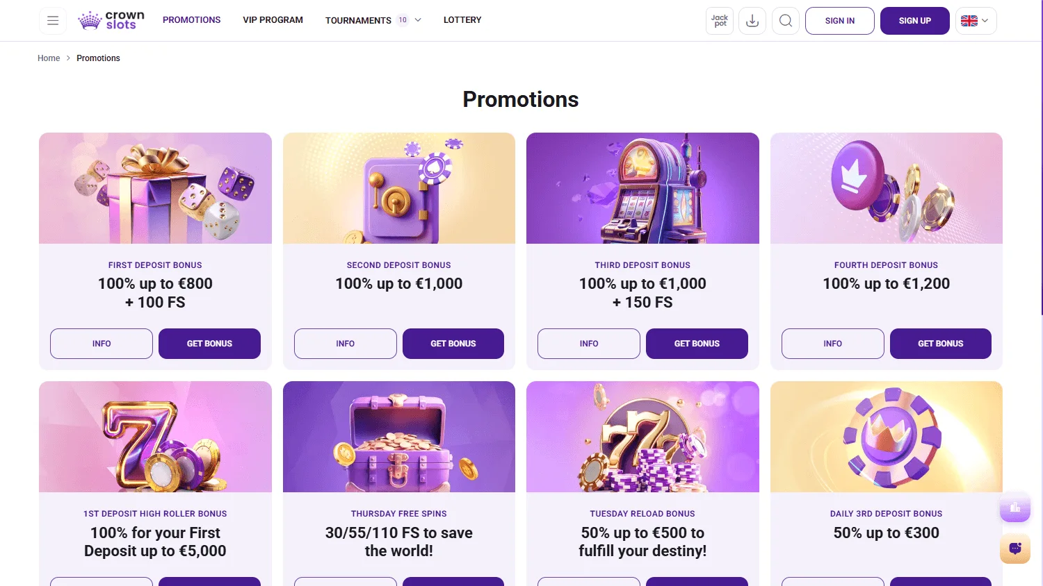 Crown Slots Casino desktop promotions area with welcome and ongoing offers