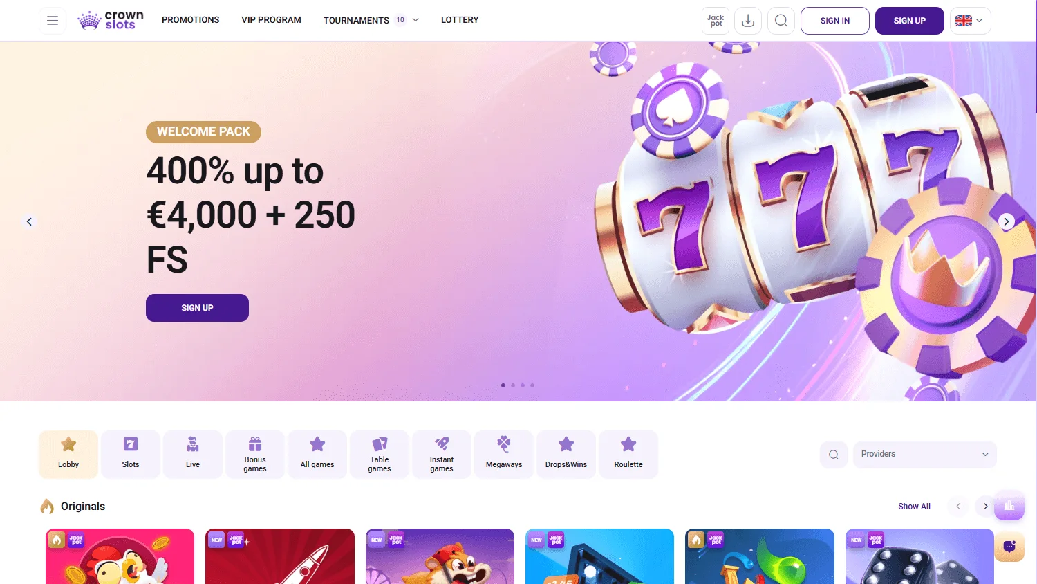 Crown Slots Casino desktop game library with casino categories and titles