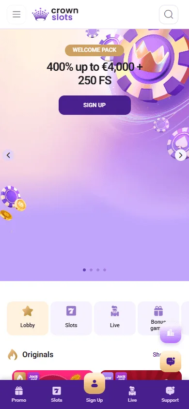 Crown Slots Casino mobile browser view of the game selection