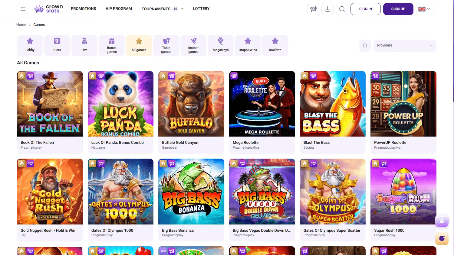 Crown Slots Casino desktop view of casino and live dealer game options
