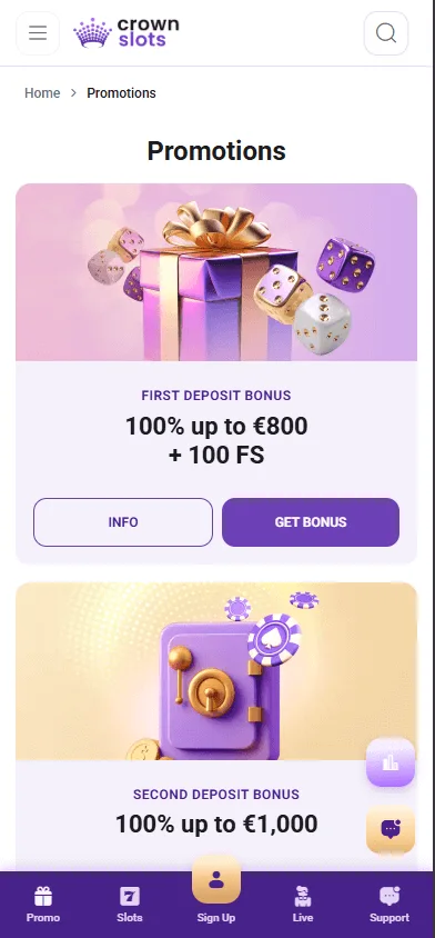 Crown Slots Casino mobile browser promotions view
